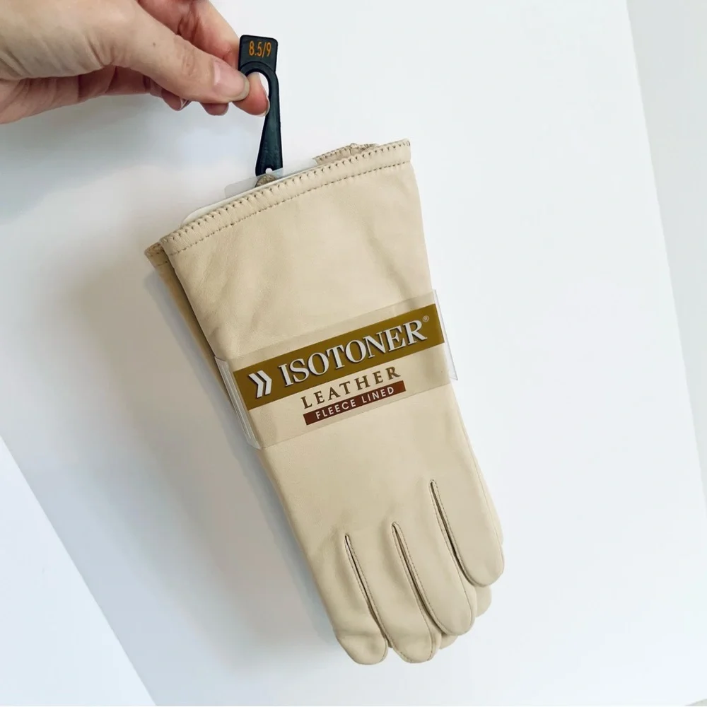 Isotoner Vintage NEW Cream Beige Leather Fleece Lined Gloves Size 8.5-9 Medium
